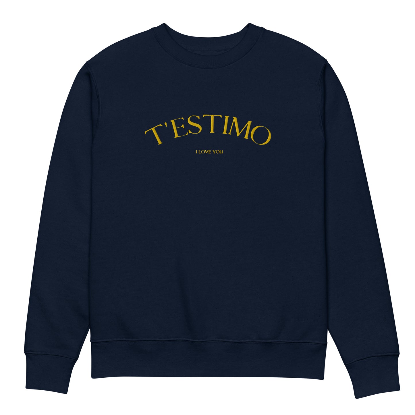 Dessuadora unisex amb el text "T'ESTIMO" brodat en minimalista, disseny elegant de Catalan Words que han lluït influencers com Laura Escanes i Dulceida.