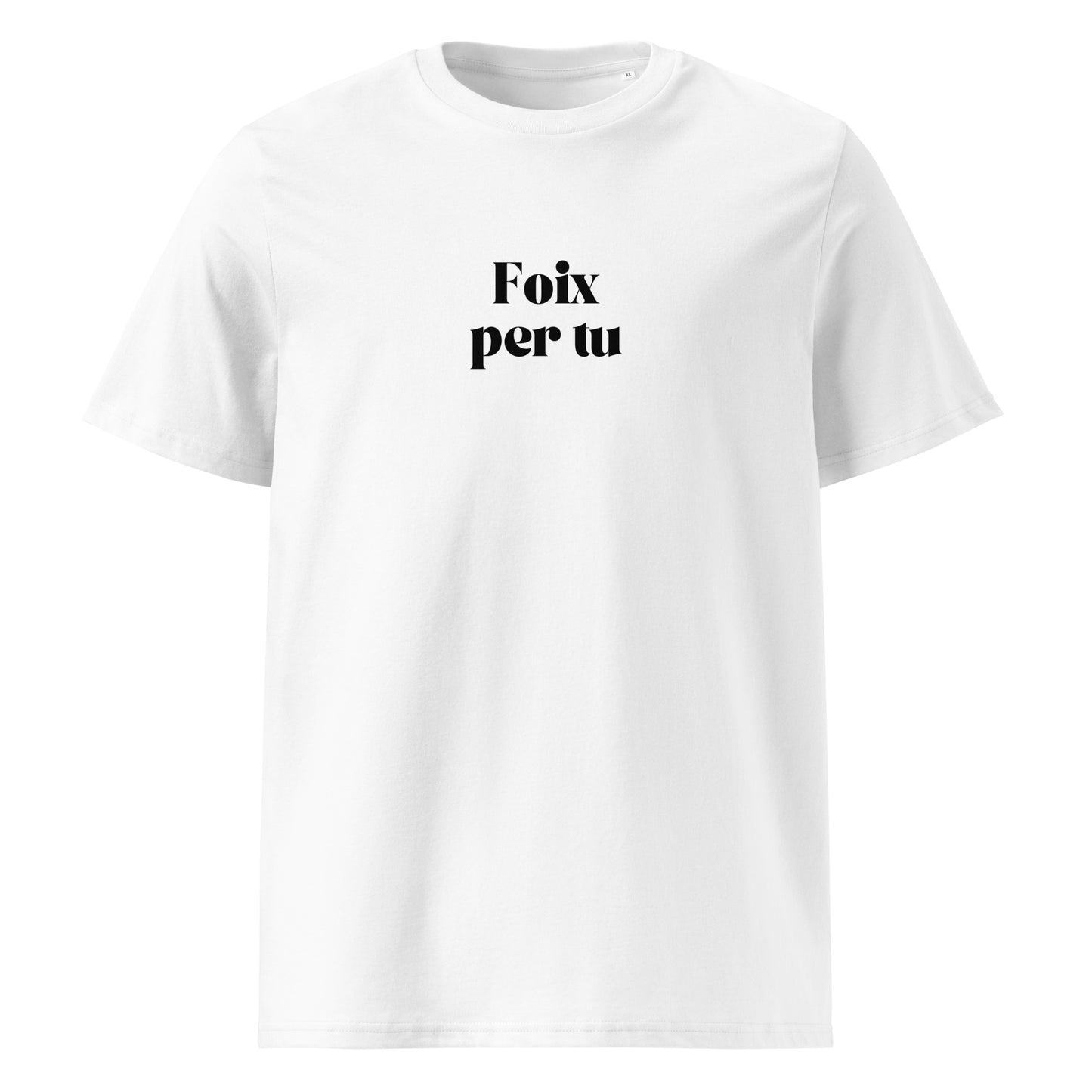 Samarreta blanca amb el text “Foix per tu”, inspirada en el poeta català J.V. Foix.
