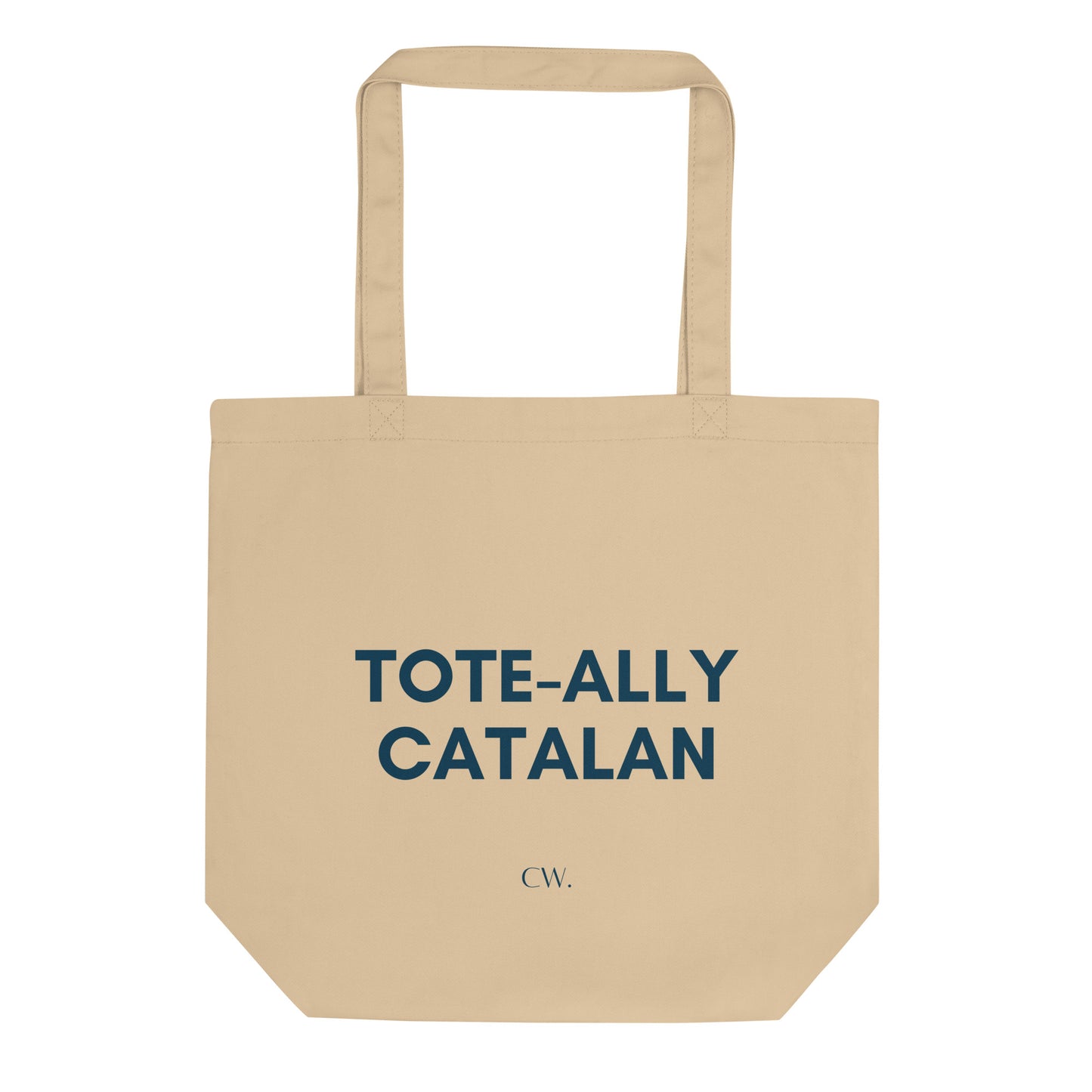 Tote bag beige de cotó orgànic amb text blau fosc "Tote-ally Catalan", disseny minimalista i divertit de Catalan Words.