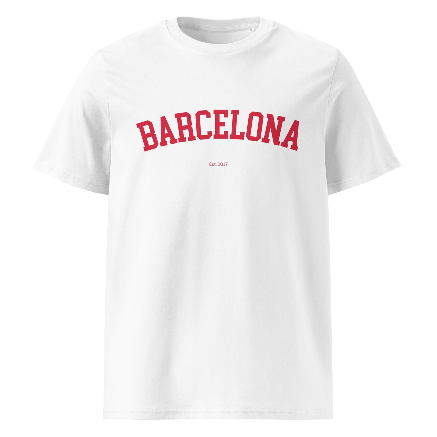 Samarreta blanca amb el nom “Barcelona” en vermell, amb disseny tipus universitat americana.