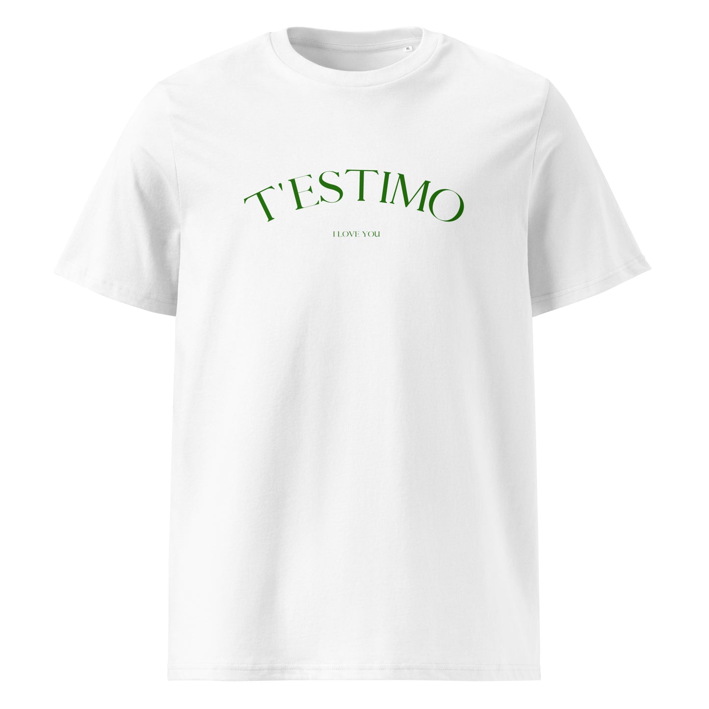 Samarreta blanca amb el text "T'ESTIMO" en verd, disseny minimalista de Catalan Words.
