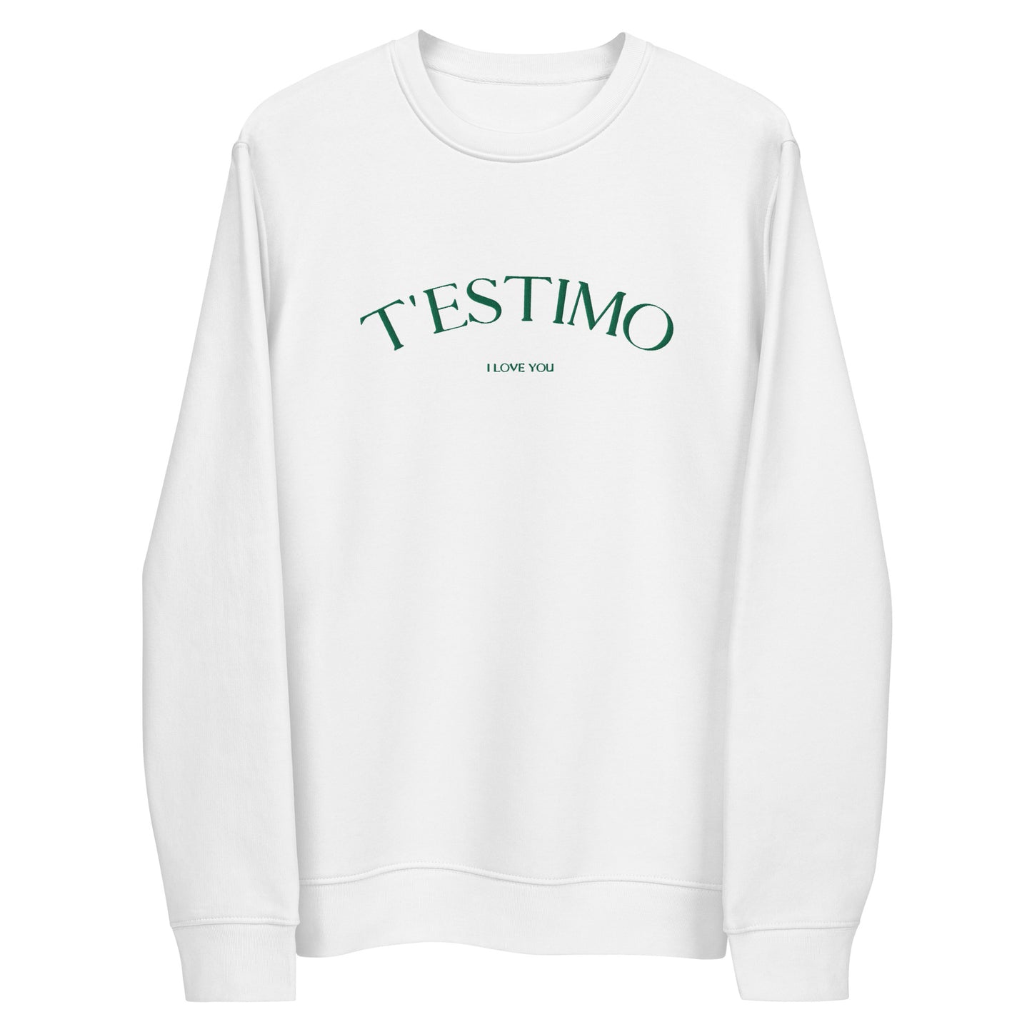 Dessuadora unisex amb el text "T'ESTIMO" brodat en minimalista, disseny elegant de Catalan Words que han lluït influencers com Laura Escanes i Dulceida.