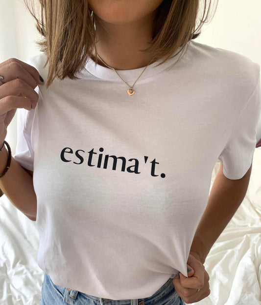 Samarreta estima't blanca unisex. 100% cotó orgànic. Botiga online Catalan words. Productes en català.