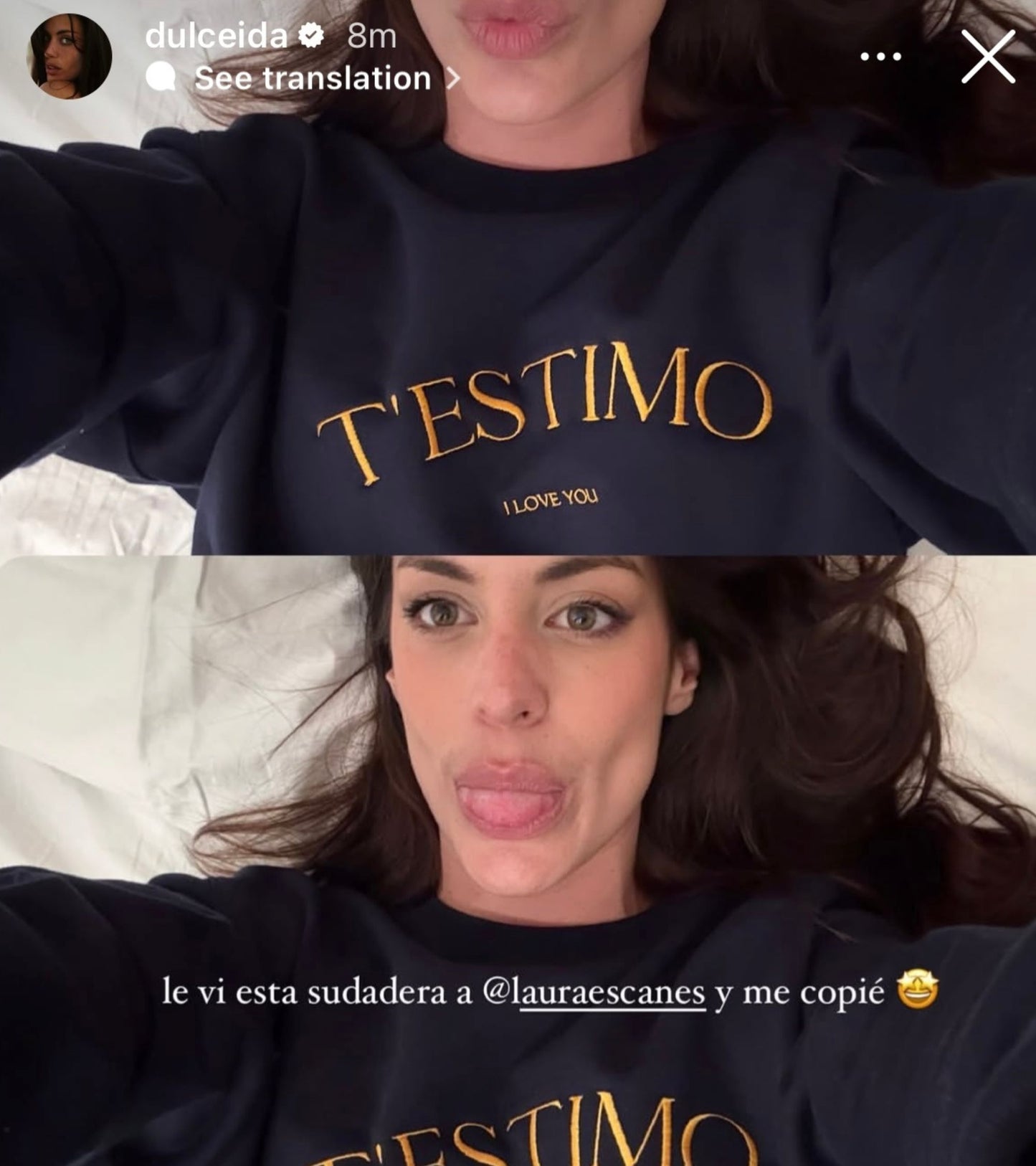 Dessuadora unisex amb el text "T'ESTIMO" brodat en minimalista, disseny elegant de Catalan Words que han lluït influencers com Laura Escanes i Dulceida.