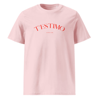 Samarreta rosa amb el text "T'ESTIMO" en vermell, disseny minimalista de Catalan Words.

