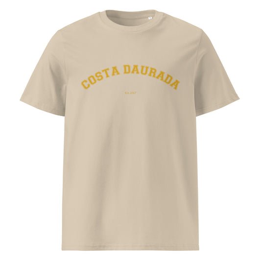 Samarreta beix amb el text “Costa Daurada” en taronja suau, disseny varsity amb corba clàssica.

