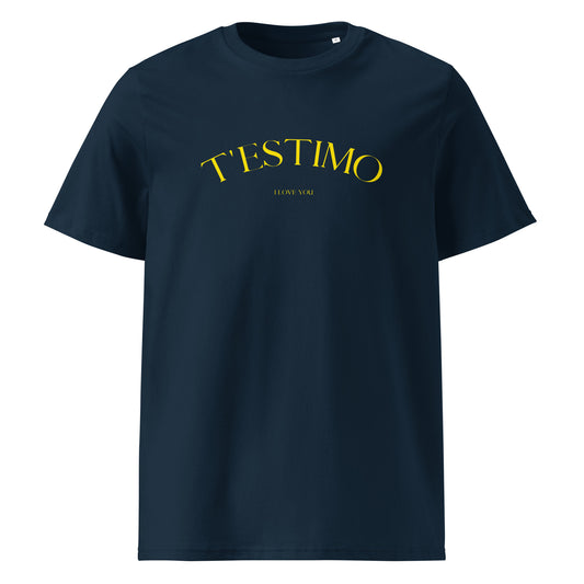 Samarreta blava amb el text "T'ESTIMO" en groc, disseny minimalista de Catalan Words.

