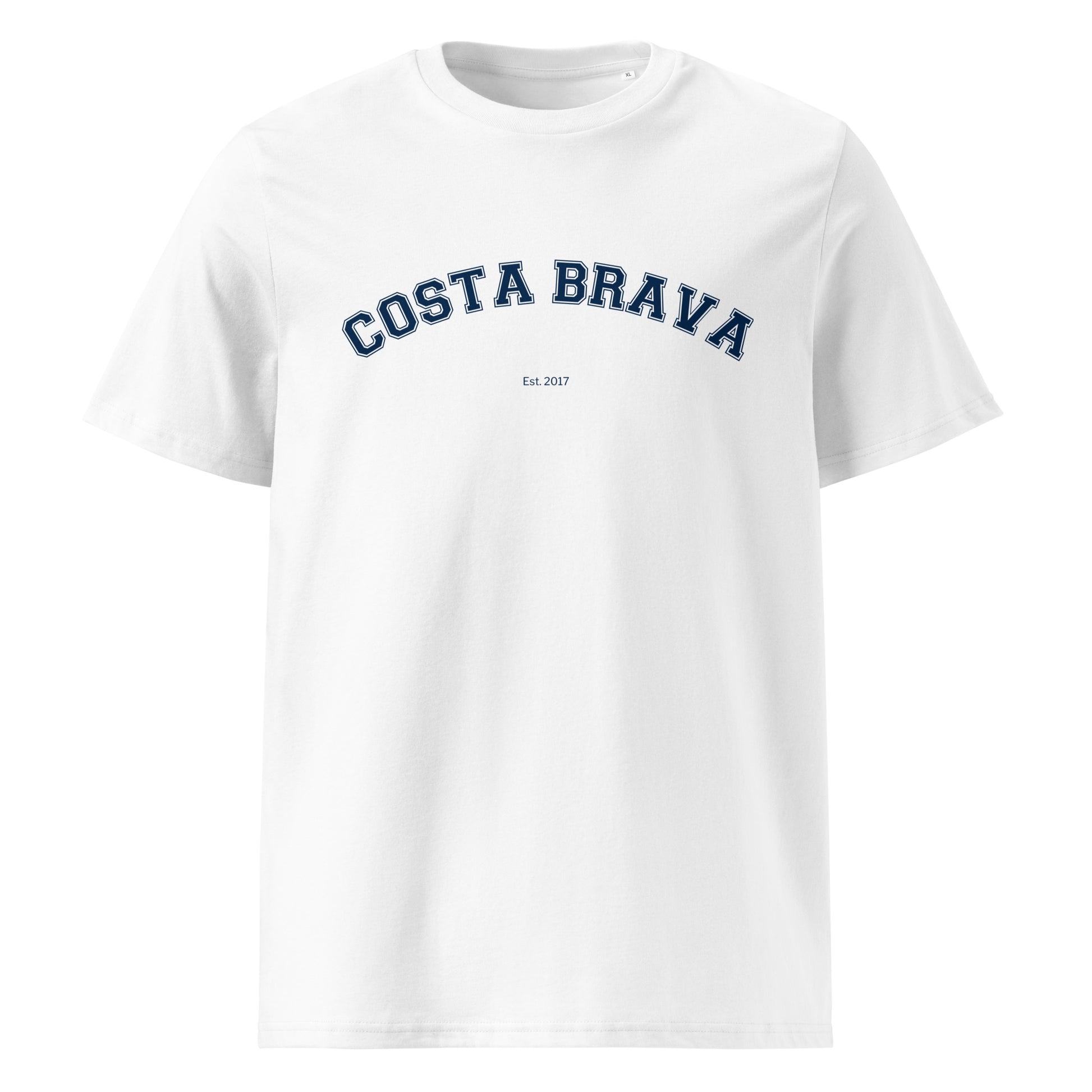 Samarreta blanca amb el text “Costa Brava” en blau fosc, estil universitari vintage.

