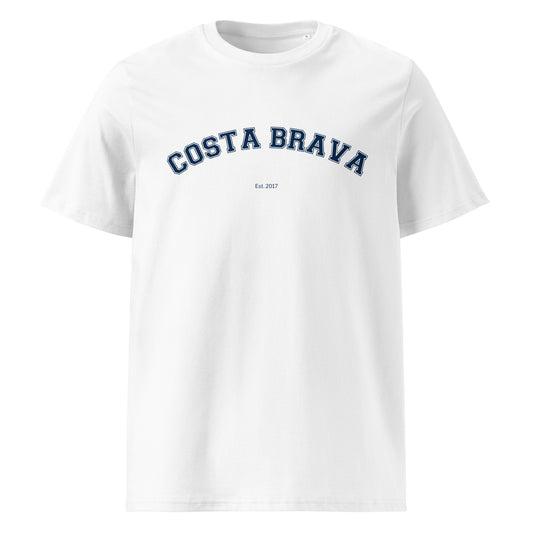 Samarreta blanca amb el text “Costa Brava” en blau fosc, estil universitari vintage.

