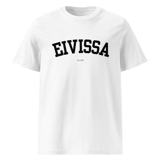 Samarreta blanca amb el text “Eivissa” en negre, disseny tipus varsity amb corba marcada.

