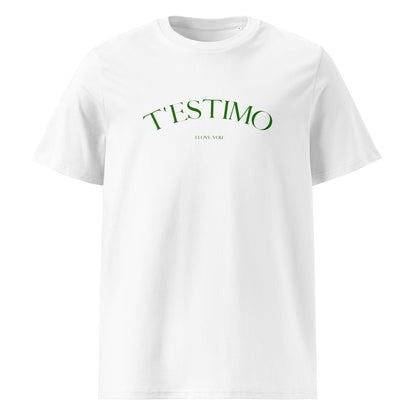 Samarreta blanca amb el text "T'ESTIMO" en verd, disseny minimalista de Catalan Words.

